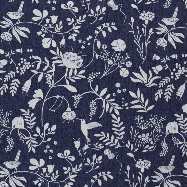 Dżins koszulowy niebieski z nadrukiem malowanych kwiatów i liści 13023/008