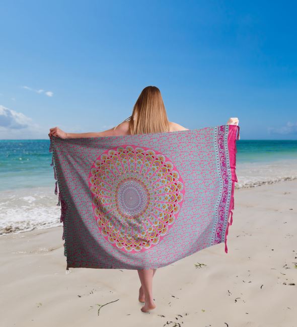 Pareo/sarong w kolorze łososiowym z nadrukiem mandali i cekinami BALI41