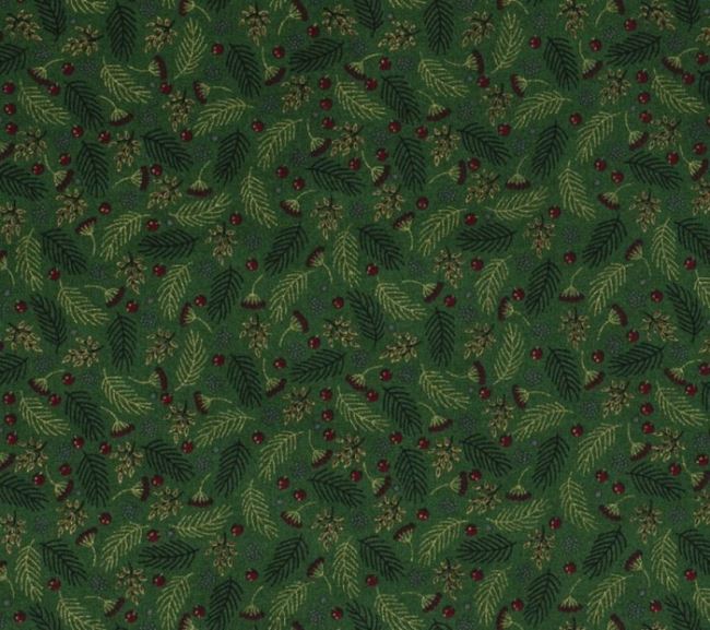 Tkanina bawełniana świąteczna zielona z nadrukiem jarzębinek 14708/025