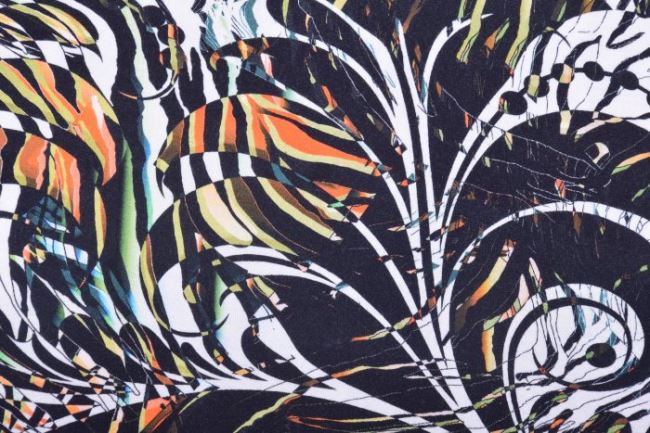 Dżersej wiskozowy czarny z nadrukiem kolorowych liści 19076