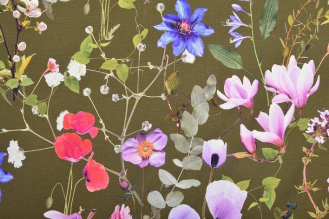 Dzianina bawełniana khaki z cyfrowym nadrukiem polnych kwiatów 16341/215