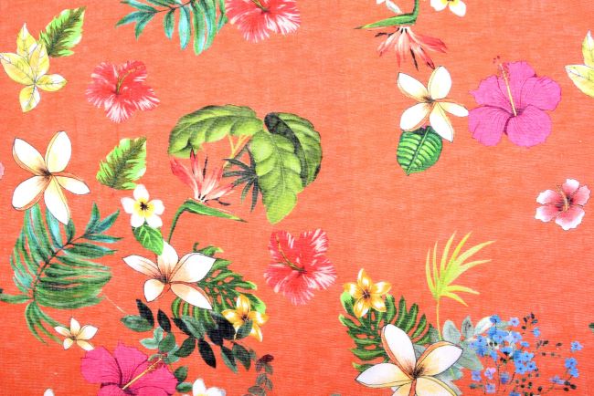 Bawełniana tkanina bluzkowa/sukienkow pomarańczowa z nadrukiem kwiatowym MAR035