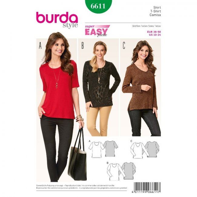 Wykrój Burda na damskie bluzy 6611