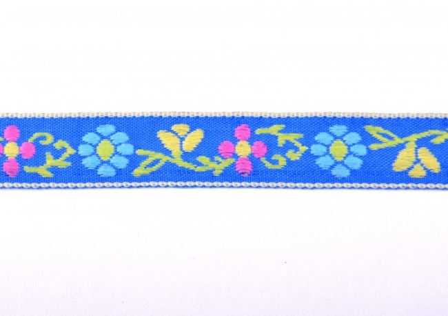 Tasiemka ozdobna niebieska w tkane kwiatki 30118