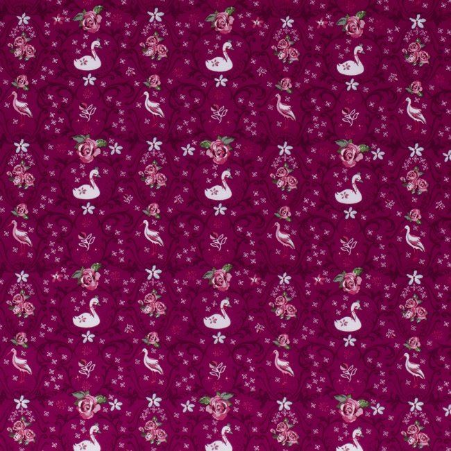 Tkanina bawełniana ciemnoróżowa z nadrukiem kwiatów i łabędzi 13084/019