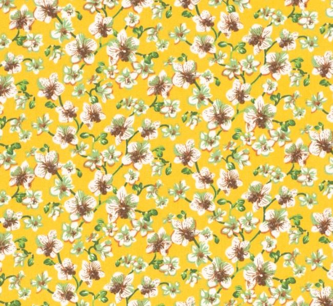 Tkanina wiskozowa żółta z nadrukiem kwiatów 19051/034