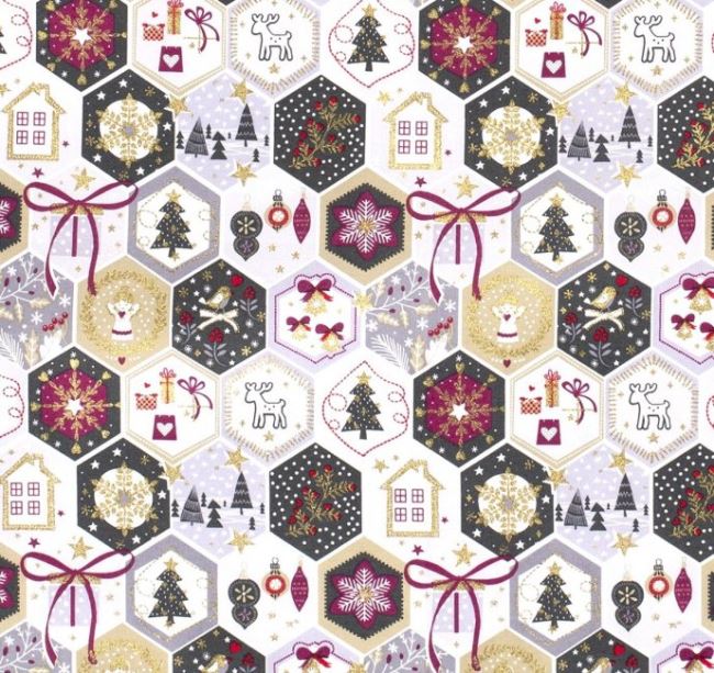 Tkanina bawełniana świąteczna kremowa z geometrycznym nadrukiem 16713/051