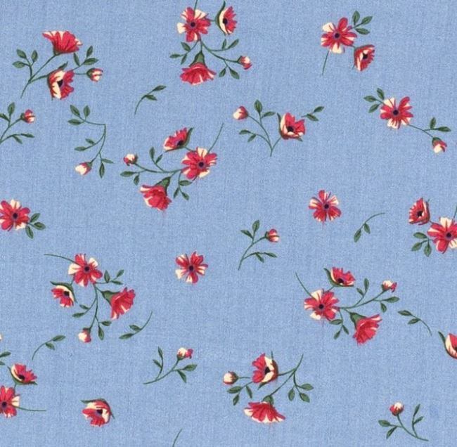 Tkanina wiskozowa niebieska z nadrukiem kwiatów 15137/006
