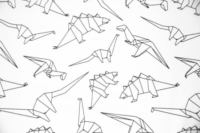 Dzianina bawełniana biała z origami dinozaura  9524/050