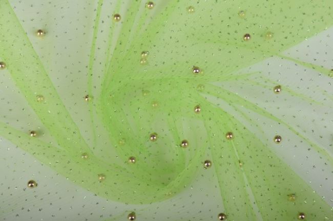 Tiul jasno zielony ze złotymi perełkami i brokatem 10328/023
