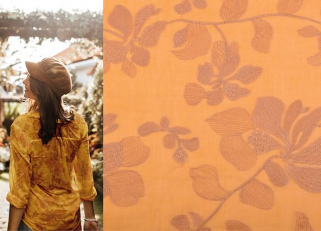 Tkanina bawełniana musztardowa z wyszywanym wzorem kwiatów 132.534/5010