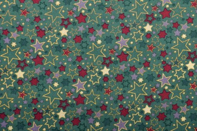Tkanina bawełniana świąteczna zielona z nadrukiem kolorowych gwiazdek 12714/025