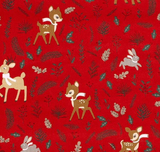 Świąteczna tkanina bawełniana czerwona z nadrukiem zwierzątek 20735/015