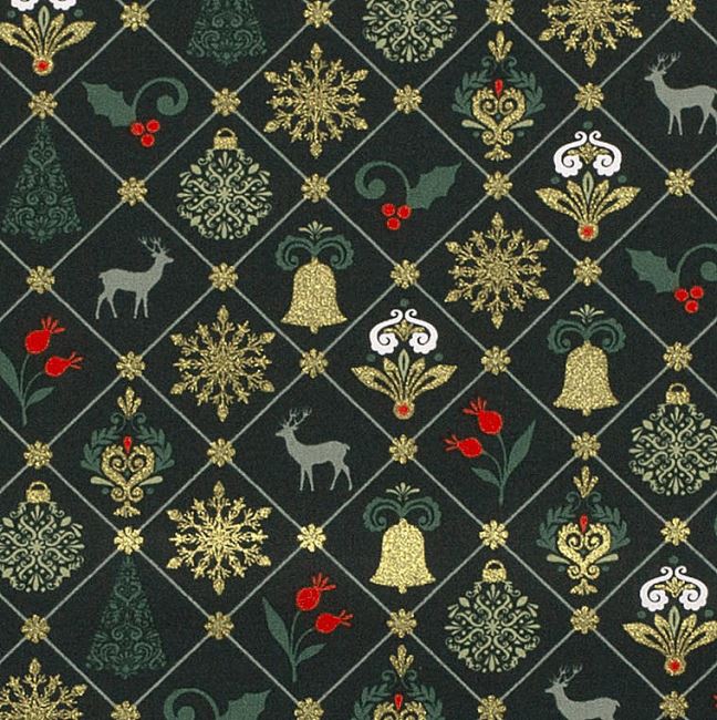 Świąteczna tkanina bawełniana zielona z ozdobnym nadrukiem 20745/028