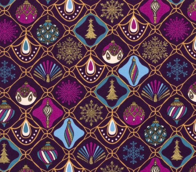 Świąteczna tkanina bawełniana fioletowa z ozdobnym nadrukiem 18709/044
