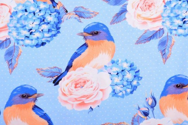 Dzianina bawełniana jasnoniebieska z cyfrowym nadrukiem kwiatów i ptaków 62321