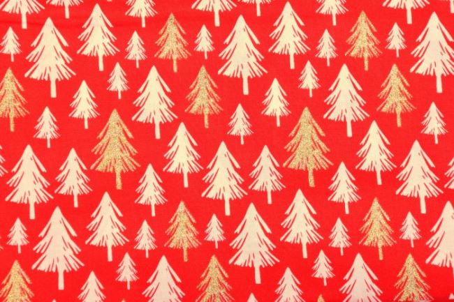 Bawełna świąteczna czerwona w złote choinki 130.254/5019