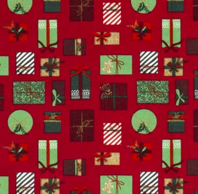 Tkanina bawełniana świąteczna czerwona z nadrukiem prezentów 16721/015