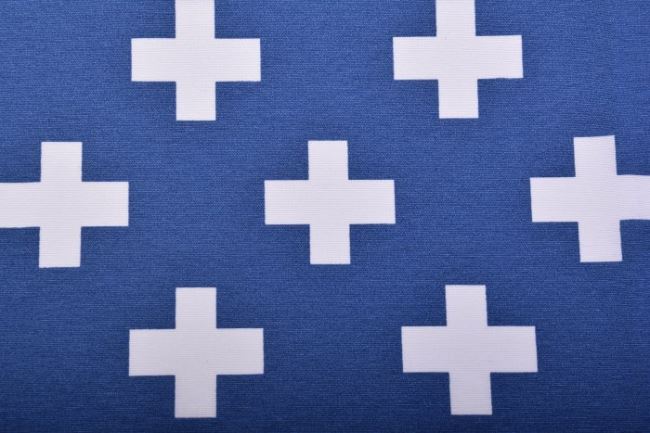 Tkanina dekoracyjna niebieska z nadrukiem kremowych krzyży 1102/006