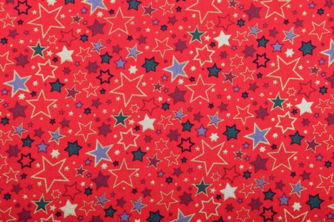 Tkanina bawełniana świąteczna czerwona z nadrukiem kolorowych gwiazdek 12714/015