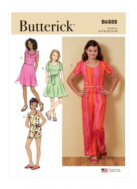Wykrój Butterick na dziecięce sukienki w roz. 7-14 B6888-A