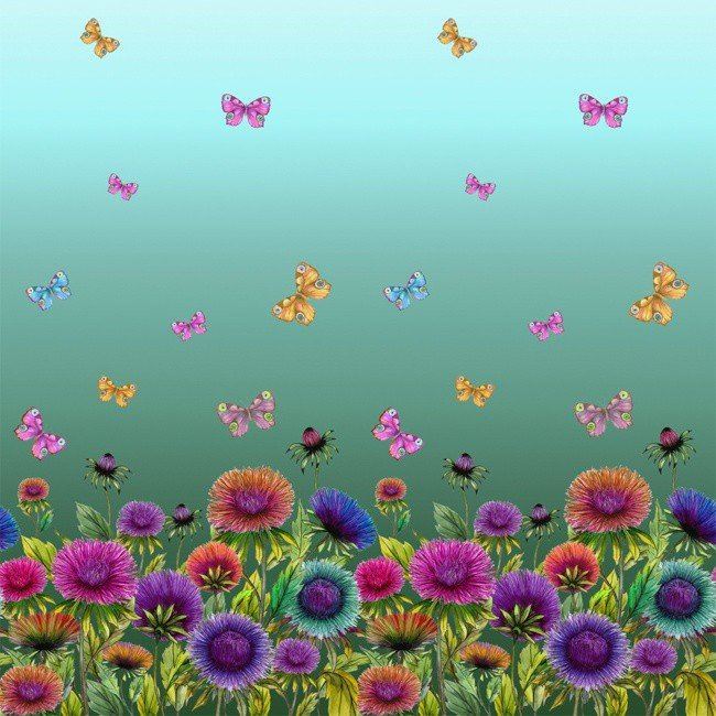 Dzianina bawełniana z cyfrowym nadrukiem kwiatów i motylków 63732