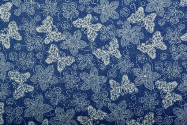 Dżins koszulowy niebieski z nadrukiem kwiatów 4014/003