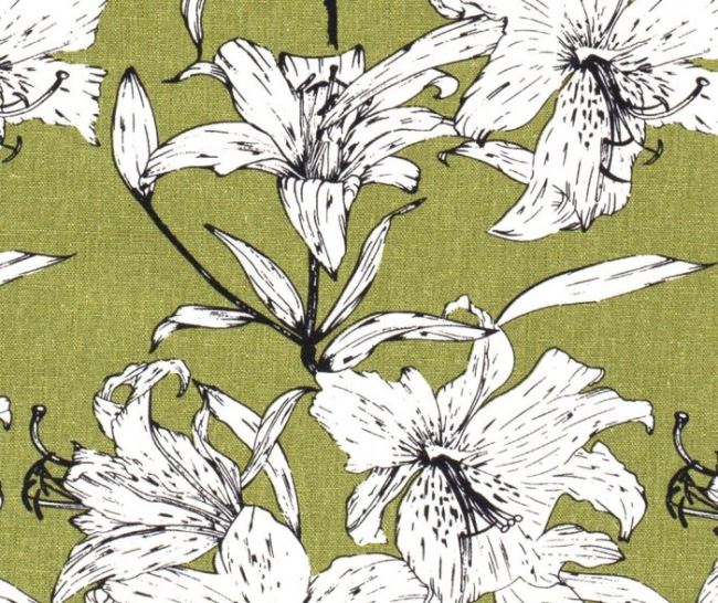 Tkanina wiskozowa z dodatkiem lnu zielona z nadrukiem kwiatów 15238/023