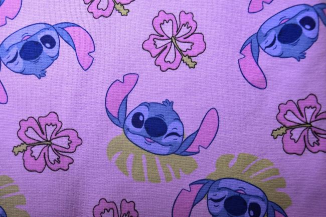 1 m dzianiny bawełnianej w kolorze fioletowym z postacią z bajki Stitch DS-KUP146