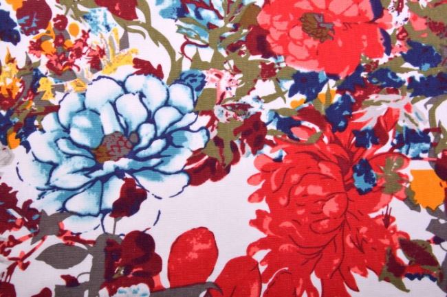 Tkanina wiskozowa kremowa z dodatkiem lnu z nadrukiem czerwonych kwiatów 11546/015