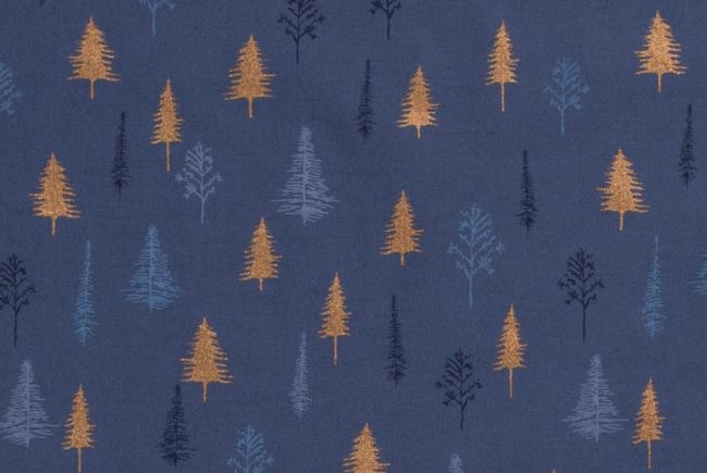 Świąteczna tkanina bawełniana niebieska z nadrukiem choinek 18724/006