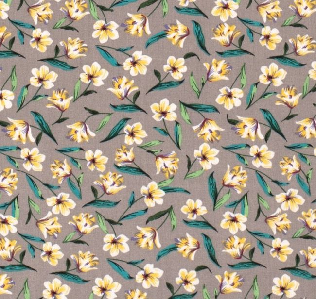 Tkanina wiskozowa szaro-beżowa z nadrukiem kwiatów 19046/052