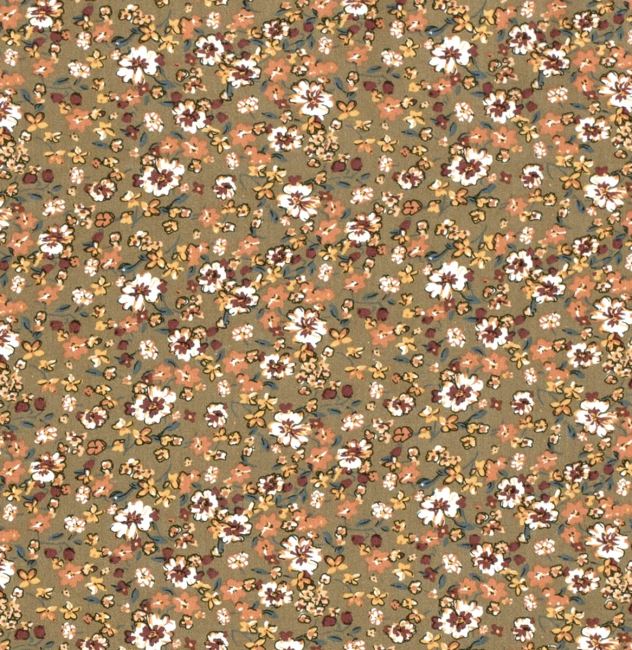 Tkanina wiskozowa w kolorze khaki z nadrukiem drobnych kwiatków 20164/054