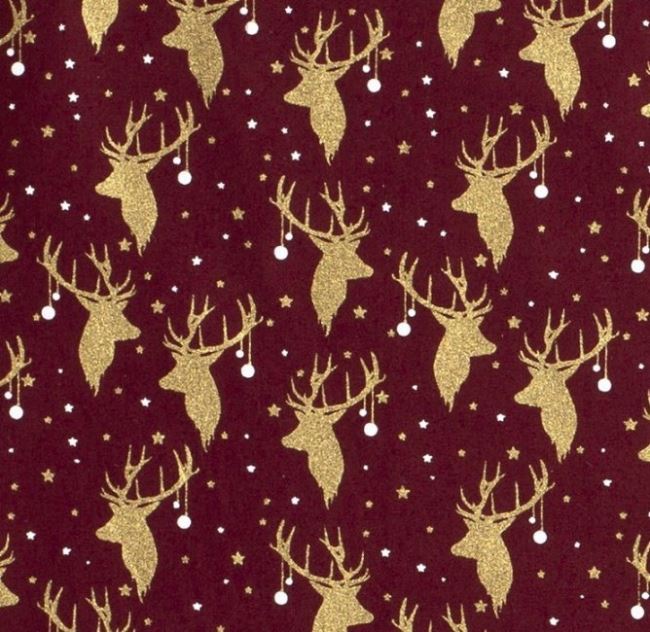 Tkanina bawełniana świąteczna bordo z nadrukiem złotych jeleni 16705/018