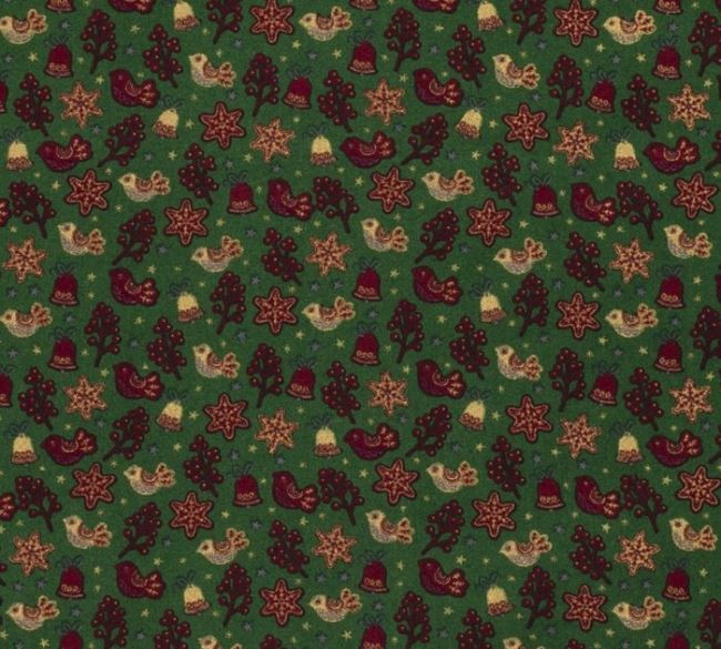 Tkanina bawełniana świąteczna zielona z dzwoneczkami 14706/025