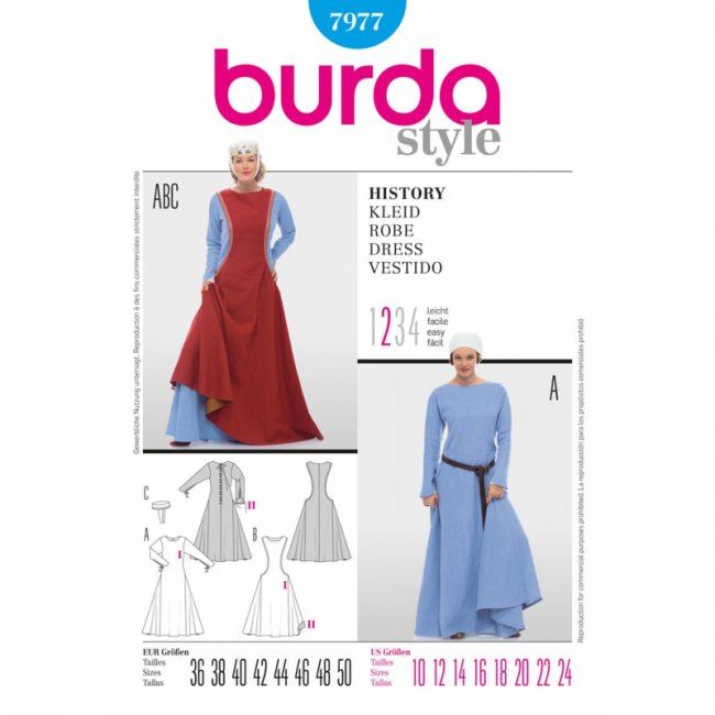Wykrój Burda na damskie historyczne suknie 7977