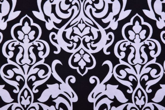 Dżersej wiskozowy czarny w białe ornamenty 2302/069