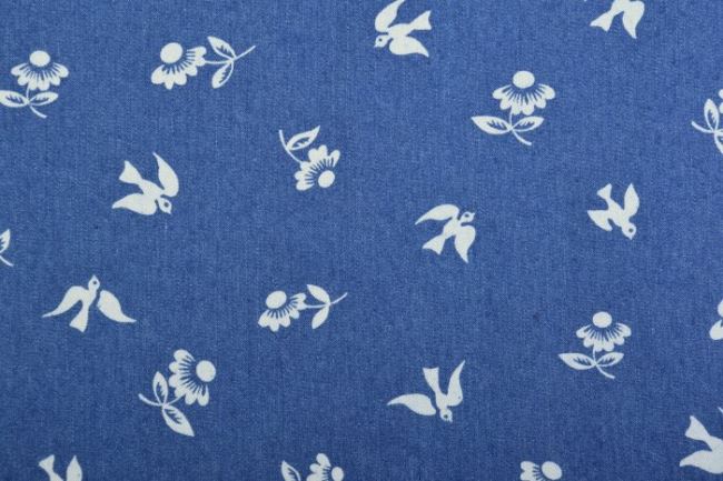 Dżins koszulowy niebieski z nadrukiem kwiatów i ptaków 10033/003