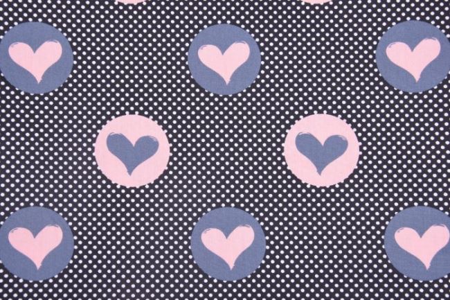 Tkanina bawełniana z kropkami i różowymi serduszkami 04084/012