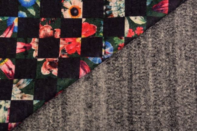 Tkanina płaszczowa czarna z wzorem szachownicy w kolorowe kwiaty 9087/69