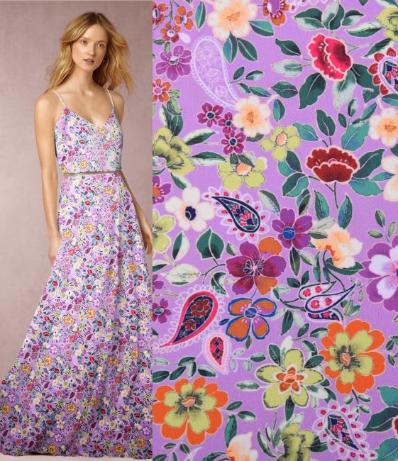 Tkanina koszulowa/sukienkowa liliowa z nadrukiem kwiatów MI102