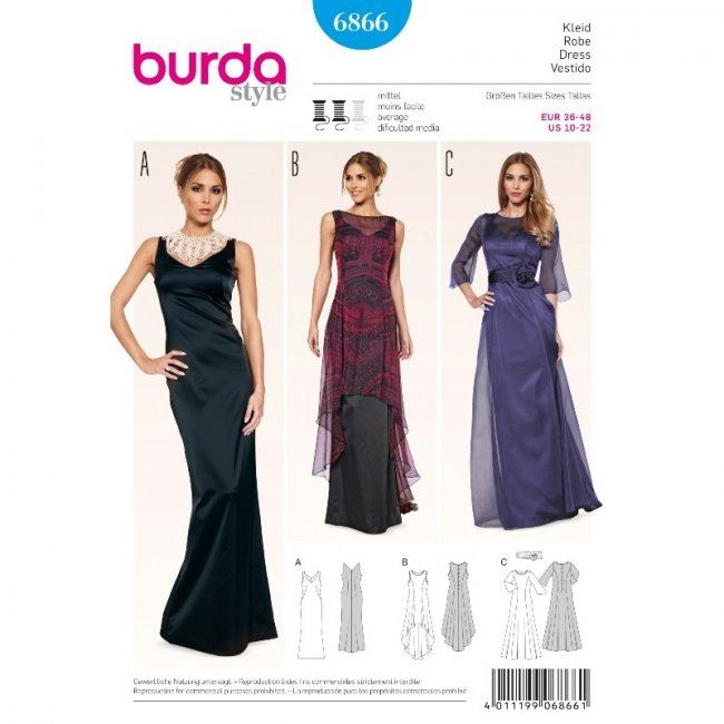 Wykrój Burda na damskie suknie długie 6866