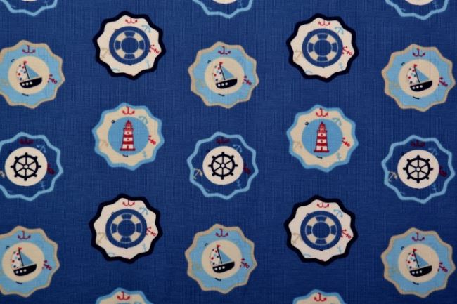 Dzianina bawełniana niebieska z marynarskim nadrukiem 3590/007