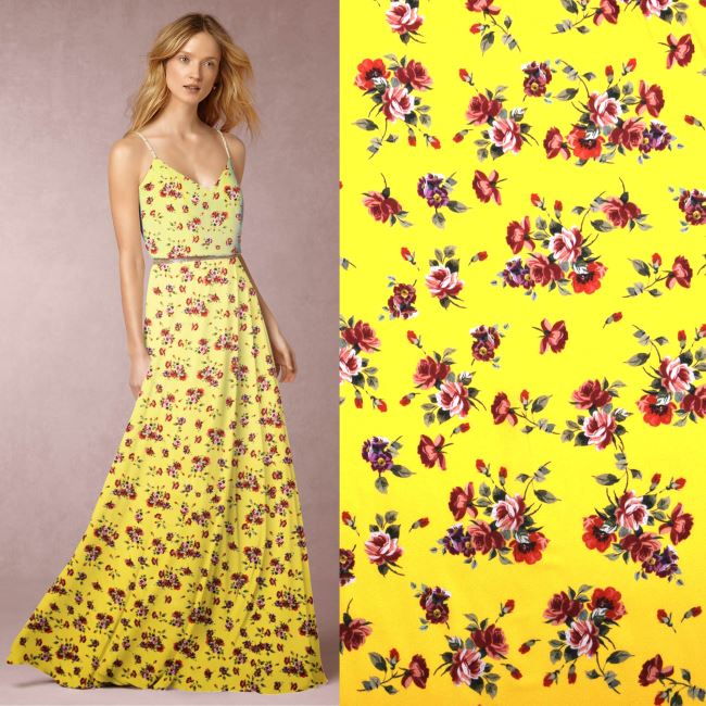 Tkanina sukienkowa z połyskiem w żółtym kolorze z nadrukiem kwiatowym TI631