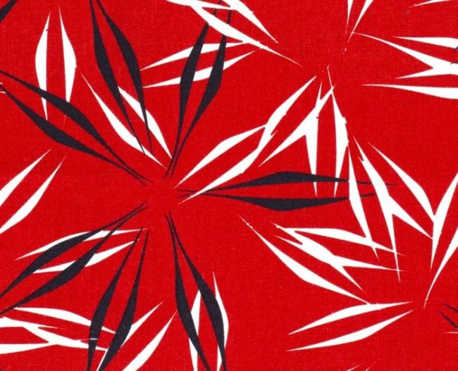 Tkanina wiskozowa czerwona z dodatkiem lnu z nadrukiem liści 15236/057