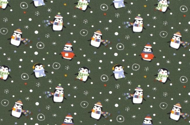 Dzianina bawełniana świąteczna zielona z nadrukiem pingwinków 16729/028
