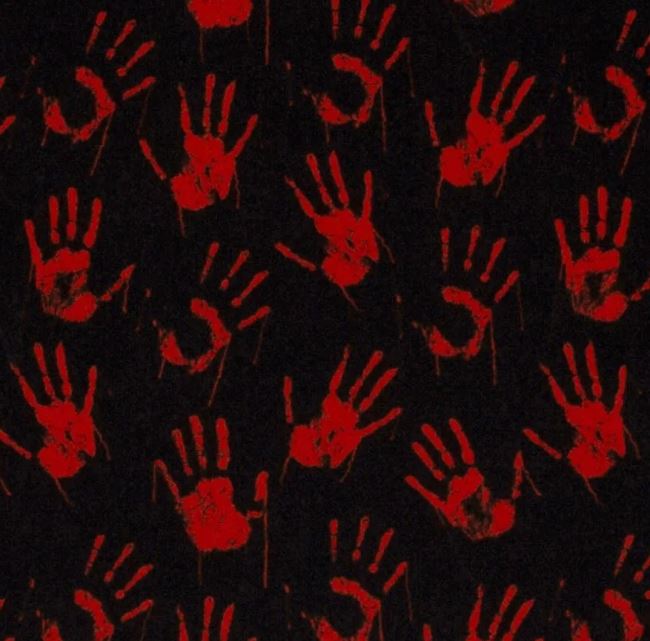 Dzianina elastyczna czarna z nadrukiem czerwonych dłoni na Halloween 20854/069