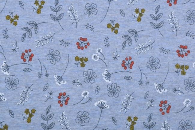 Dzianina dresowa niebieska z misiem Alpenfleece z kwiatkami 17643/690