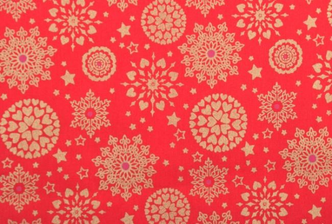 Tkanina bawełniana świąteczna czerwona z nadrukiem płatków śniegu 12707/015