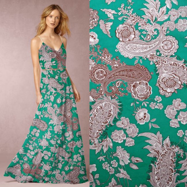 Tkanina sukienkowa bawełniana zielona z nadrukiem kwiatowym TI599